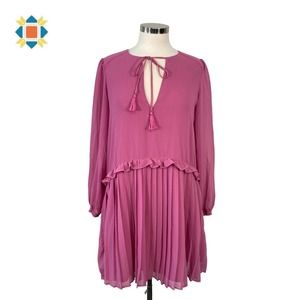 Rebecca Minkoff Women's Small Pink Shift Dress Long Sleeve Pleated Tassel Tie
